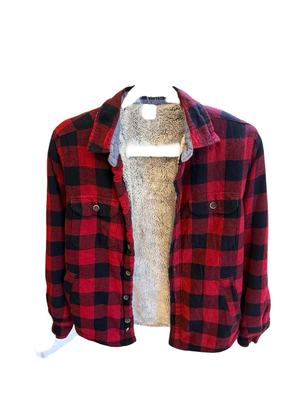 Tailor Vintage Men's Red / Black Plaid Sherpa Lined Flannel Shirt Jacket size S